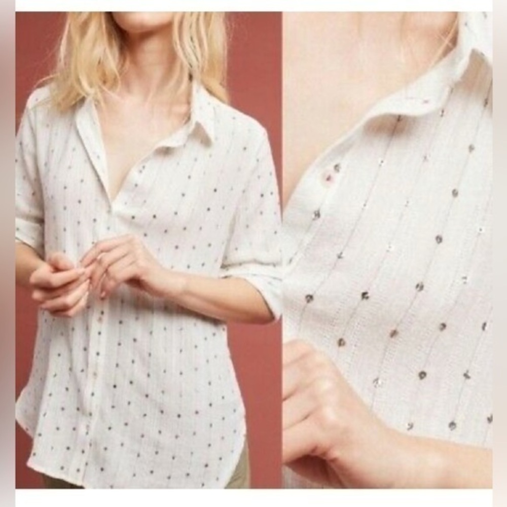 Anthropologie Feather Bone White Sequin Shirt M